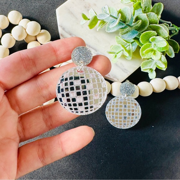 Disco Ball Earrings Silver Mirrors Post/ Stud - Picture 3 of 5